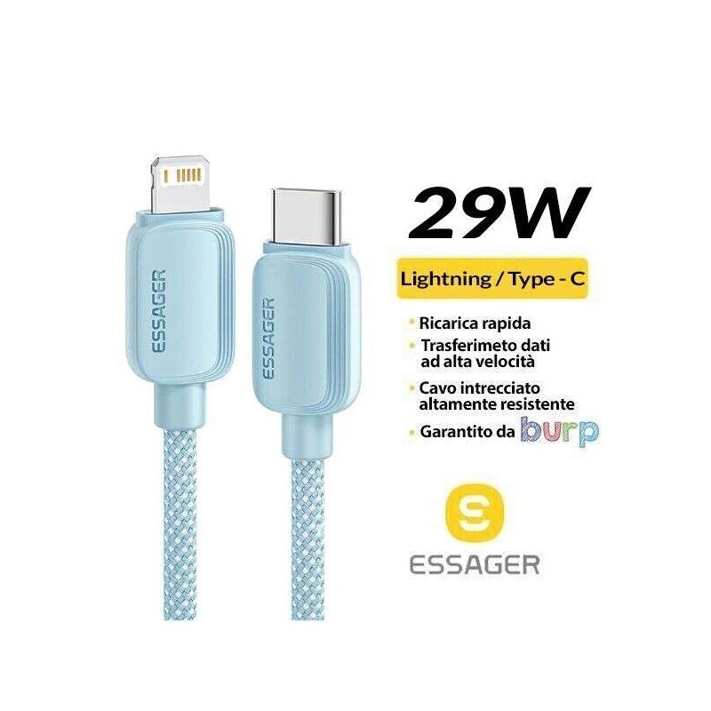 CAVO LIGHTNING / USB TYPE-C ESSAGER CAVETTO 1M CARICA RICARICA RAPIDA IPHONE IPAD